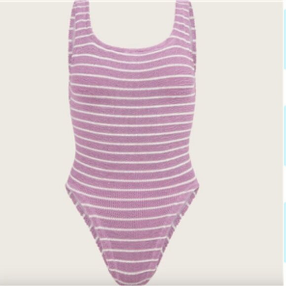 Hunza G Textured Crinkle Scoop Back One Piece Swimsuit Striped Purple Lilac NWT - Picture 3 of 5